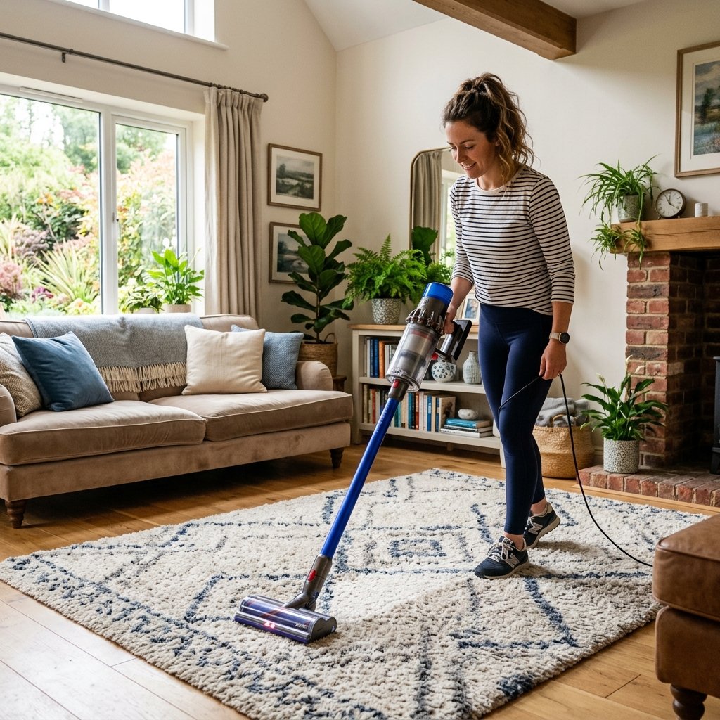 Vacuuming and carpet cleaning in progress