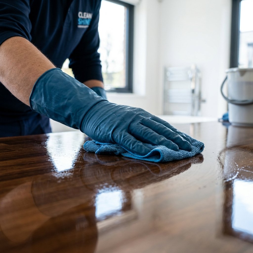 Cleaner wiping a surface to a shine