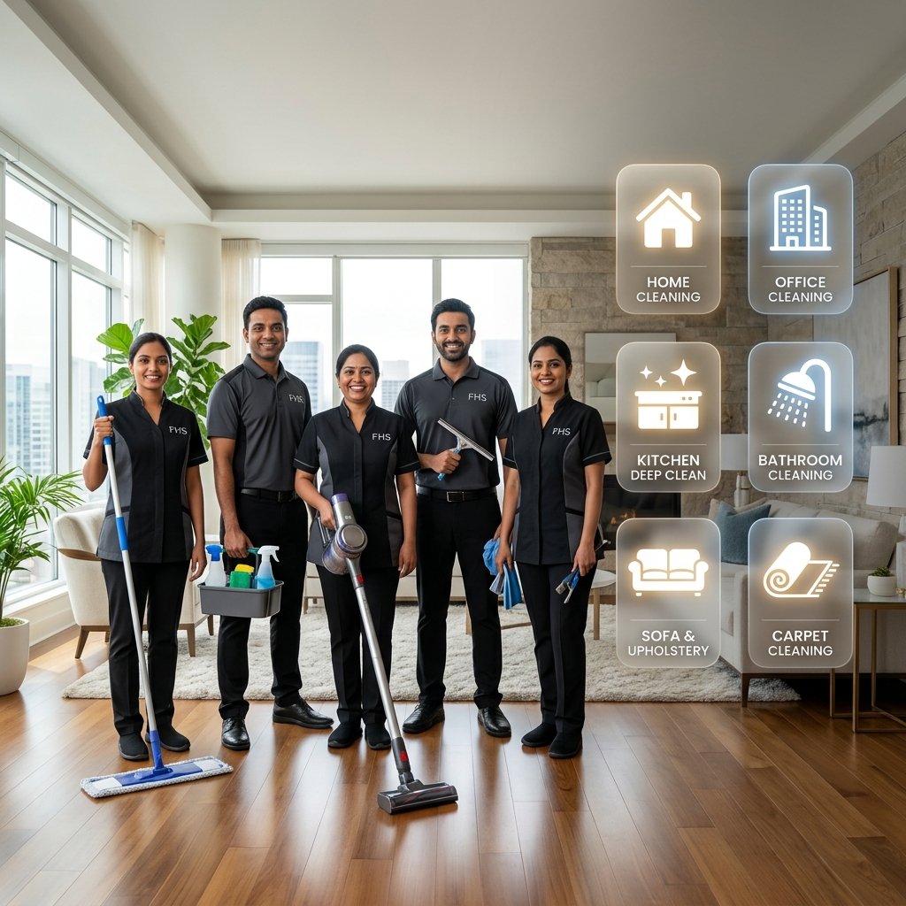 Professional Fresh Home Service cleaning team ready for home, office, kitchen, bathroom, sofa, and carpet cleaning